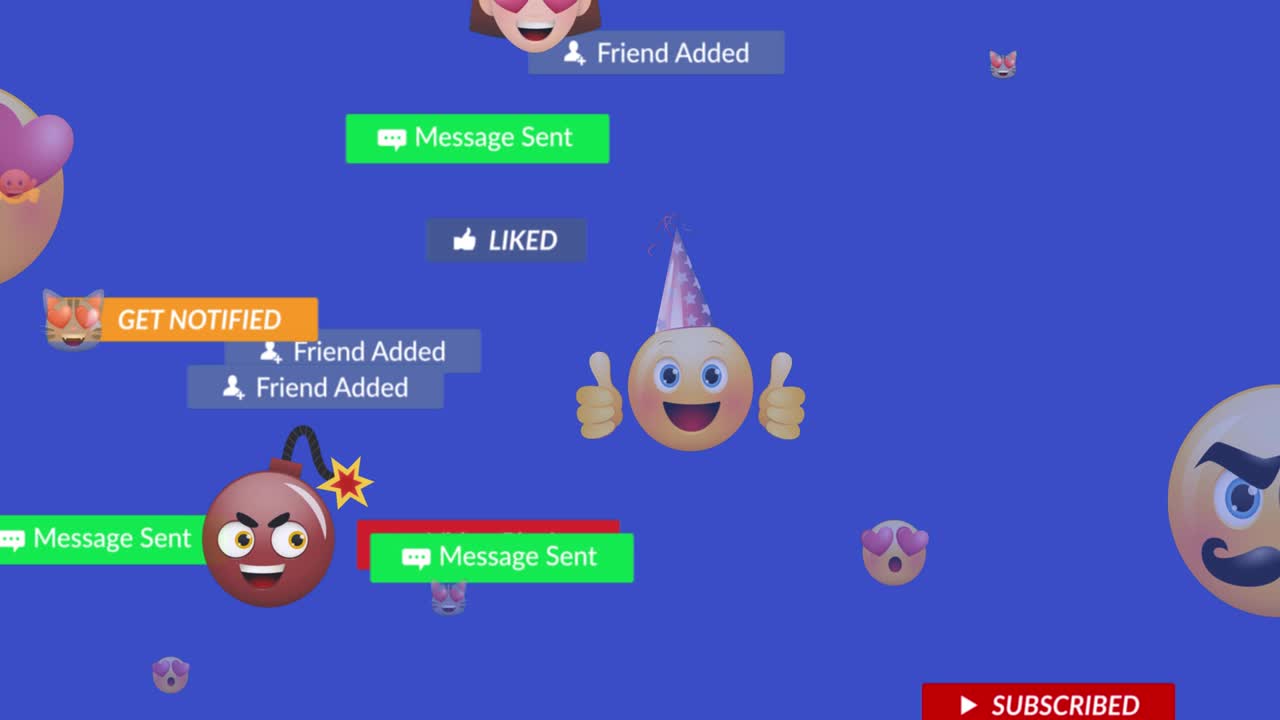 Animation of falling social media icons and emojis over blue background