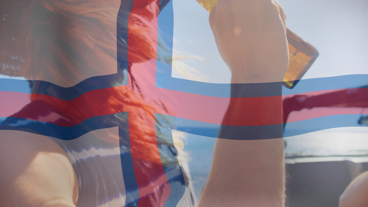 Holding bottle with Faroe Islands flag overlay in sunny outdoor animation