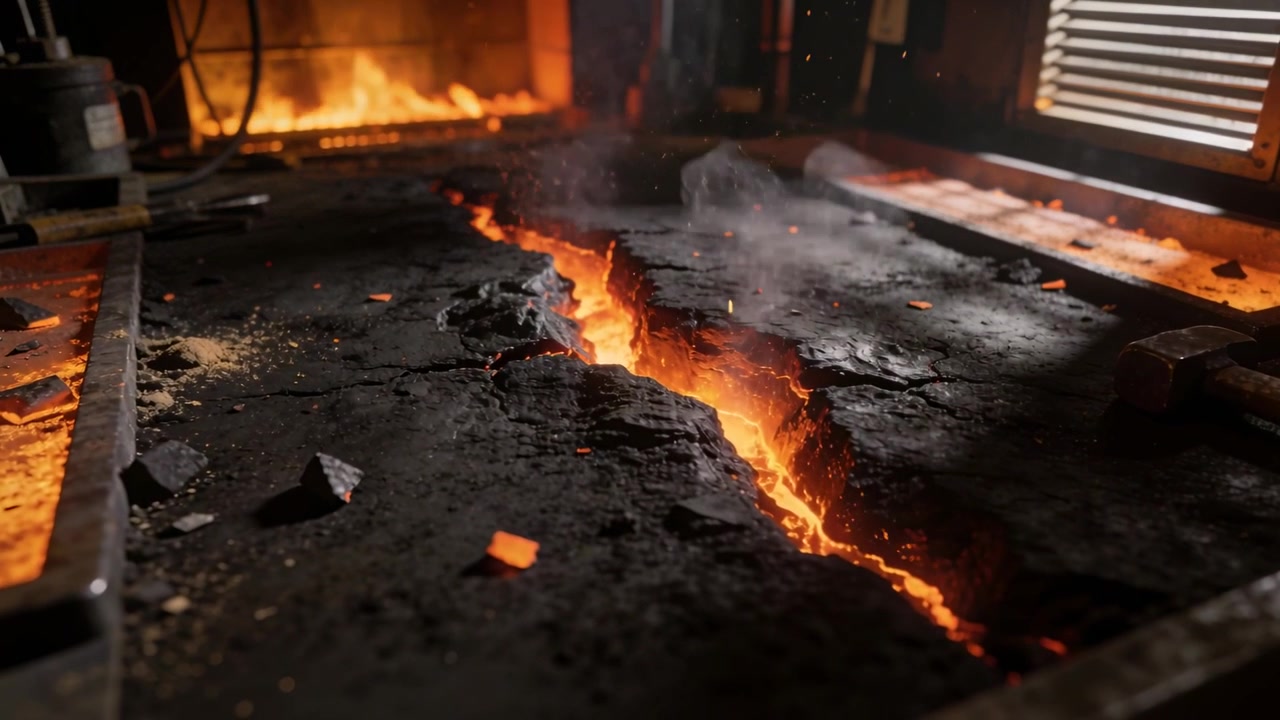 Emitting molten glow and drifting embers, fractured charred slab reacting to furnace heat in forge