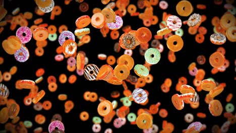 flying many colorful donuts on black background. doughnut cake, sweets, dessert. 3d animation of donut rotating. loop animation.