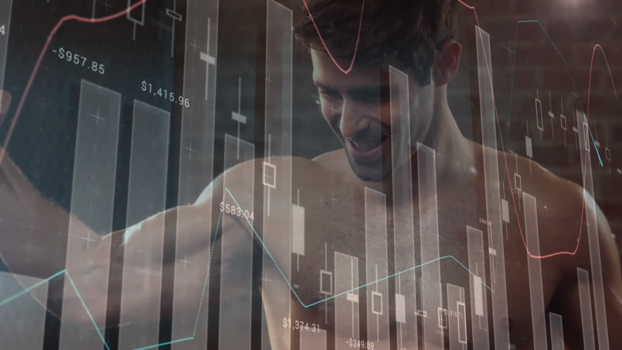 animación del procesamiento de datos y estadísticas sobre el ejercicio de hombres fuertes