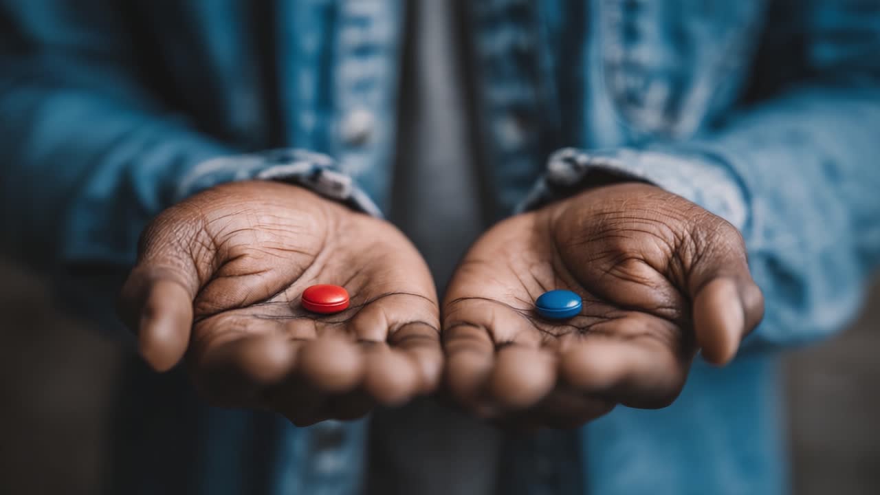 A Visual Representation of Choice: Hands Holding Red and Blue Pills Symbolizing Decisions and Dilemmas in Life's Journey