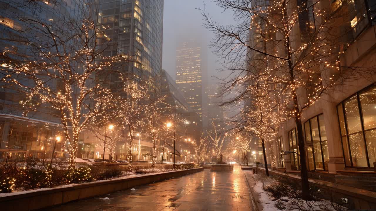 A Serene Evening in a City Walkway Adorned with Twinkling Lights Amidst a Mysterious Fog, Showcasing the Beauty of Urban Winter Atmosphere