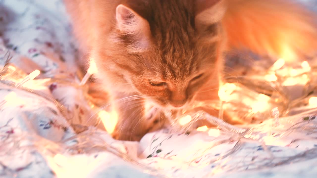 반이는 전구와 함께 침대에 앉아있는 귀여운 생강 고양이. 털이 많은 애완동물이 호기심을 니다. 쾌적한 가정 휴가 배경