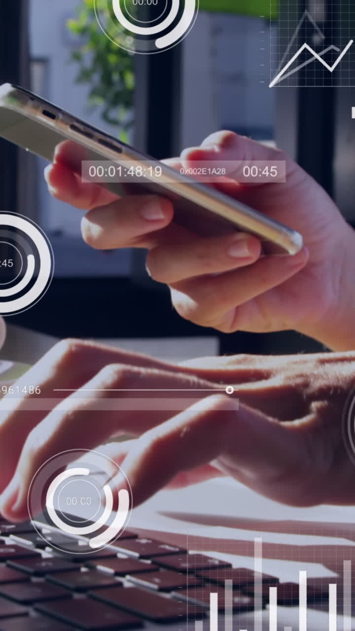 Animation of financial data processing over businessmen using laptop and smartphone