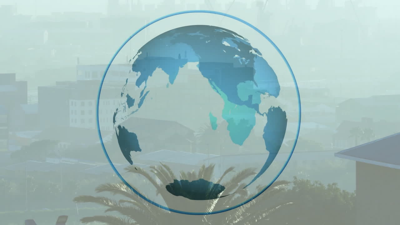 Rotating globe animation over cityscape with tall buildings and green trees