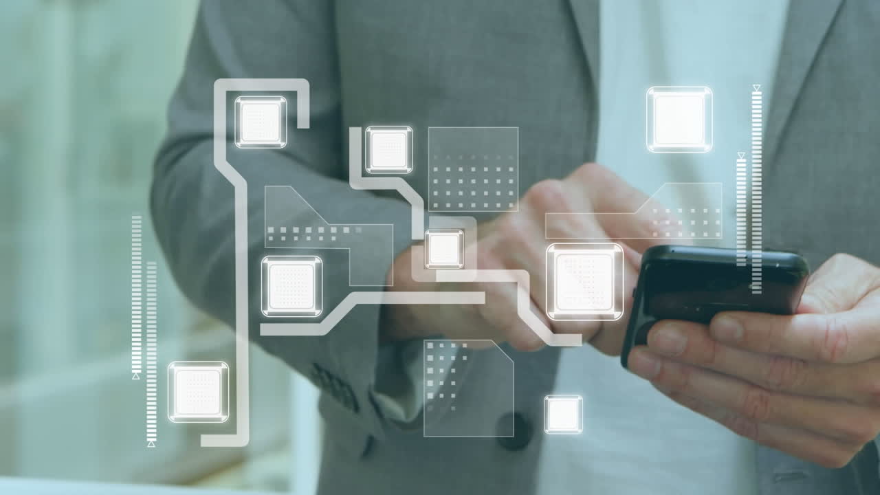 Animation of network of connections with icons over businessman using smartphone