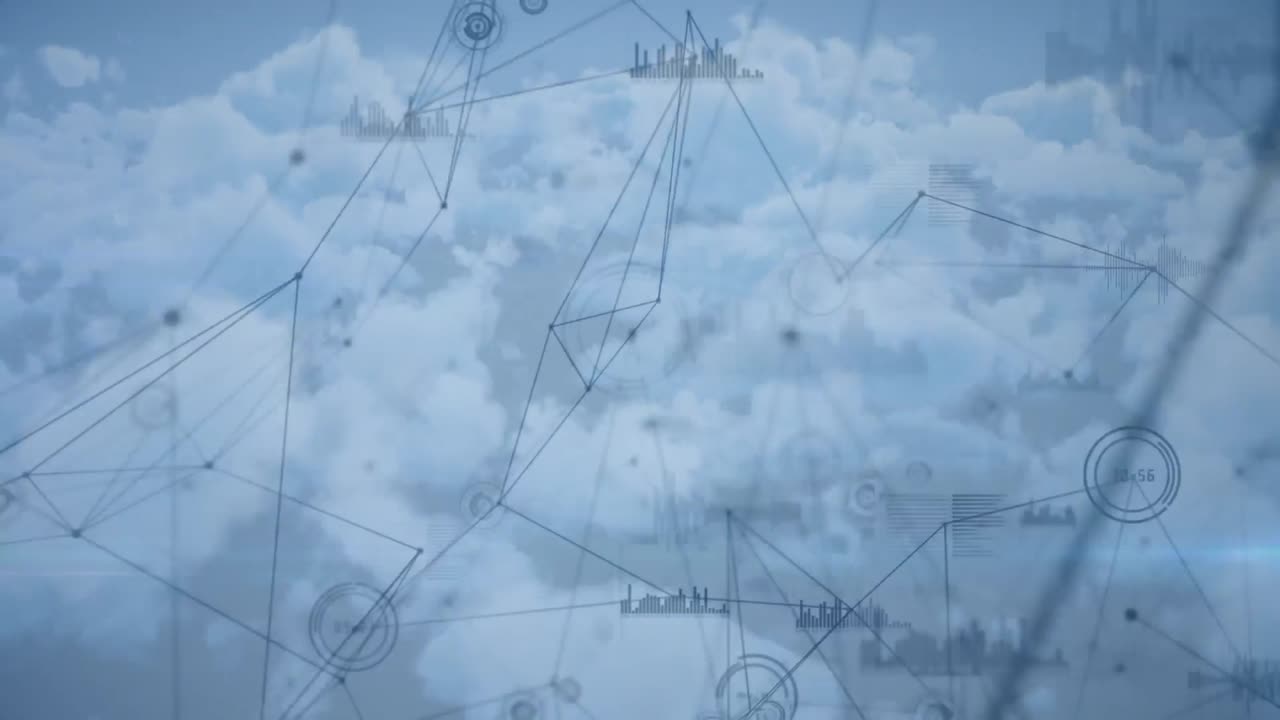 animación de la red de conexiones con el registro de estadísticas sobre nubes en el fondo