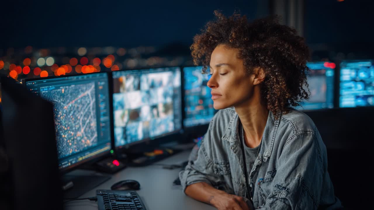 Focused Analysis: A Woman Monitors Multiple Digital Screens in a High-Tech Control Room During Nighttime, Surrounded by a Dazzling Cityscape