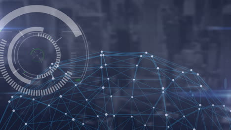 animation of scope scanning and network of connections over cityscape in background
