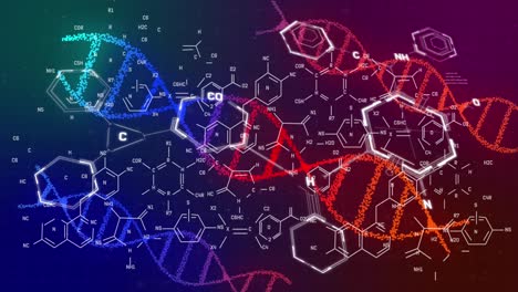 Animation-of-dna-and-chemical-structures-against-purple-gradient-background