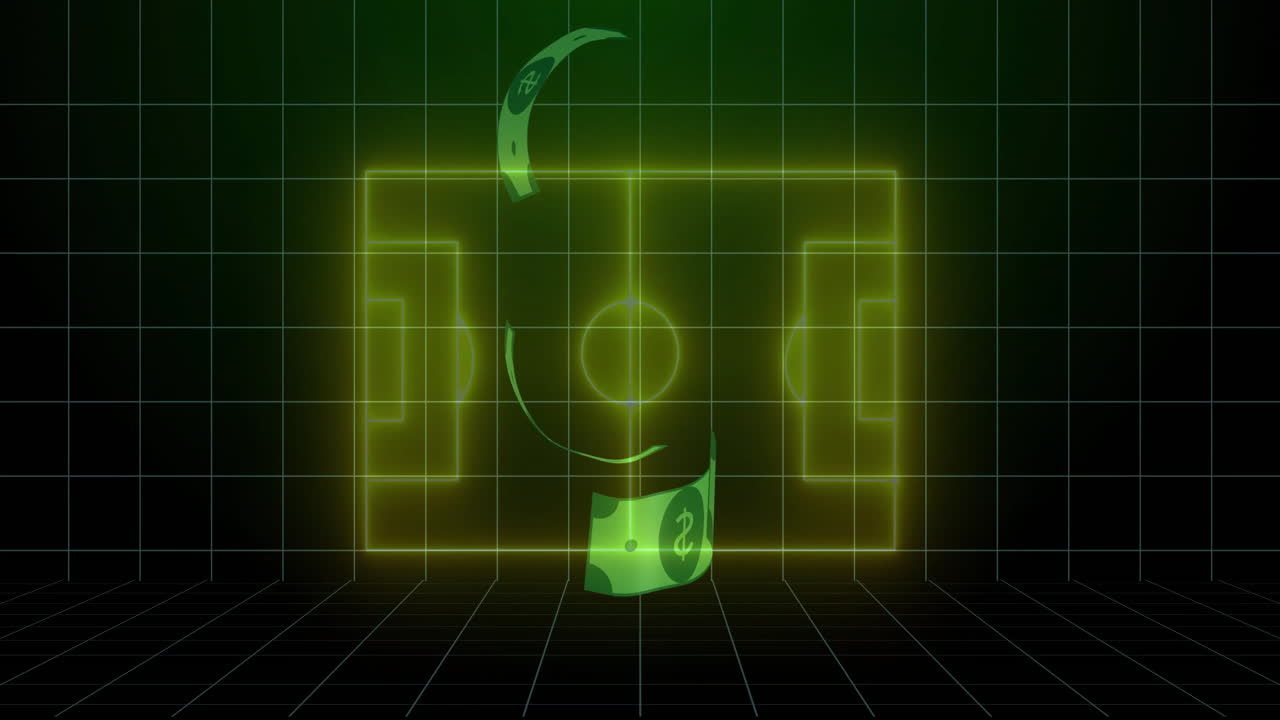 Neon wireframe soccer pitch being displayed in digital grid scene with rotating dollar bills