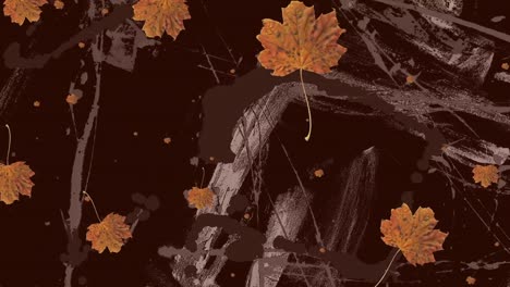 Animation-of-brown-autumn-leaves-falling-over-changing-organic-white-brush-strokes-on-dark-brown