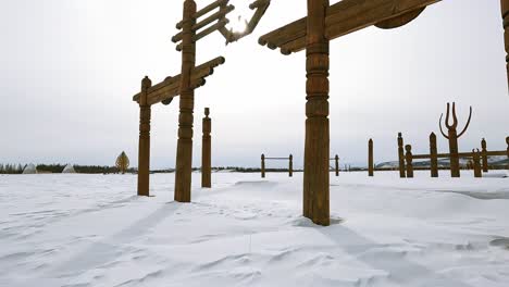 Yakut-national-buildings-against-the-background-of-a-gray-sky-in-winter