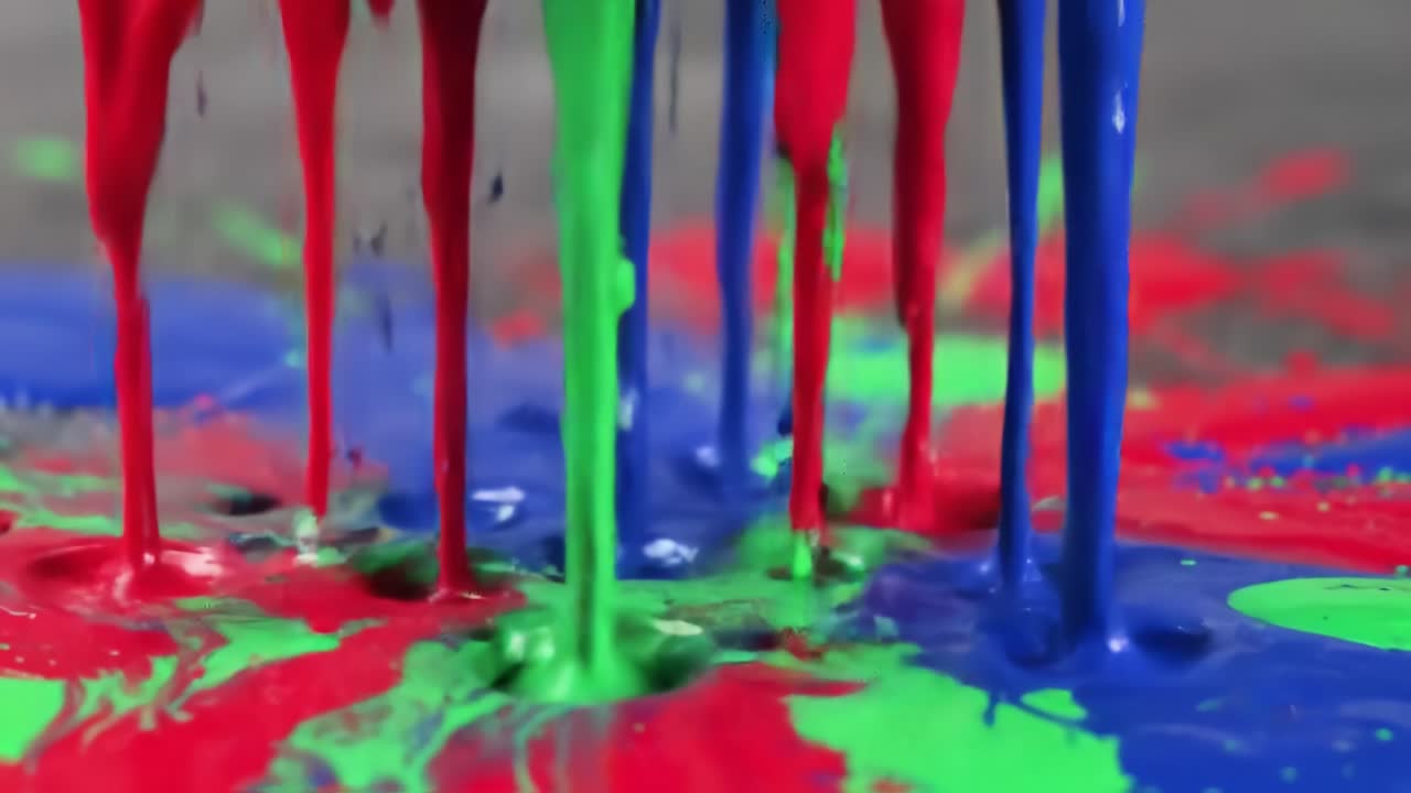 Vibrant Paint Drips Creating a Stunning Abstract Artwork with Red, Green, and Blue Colors Blending Together on a Smooth Surface in Dynamic Patterns