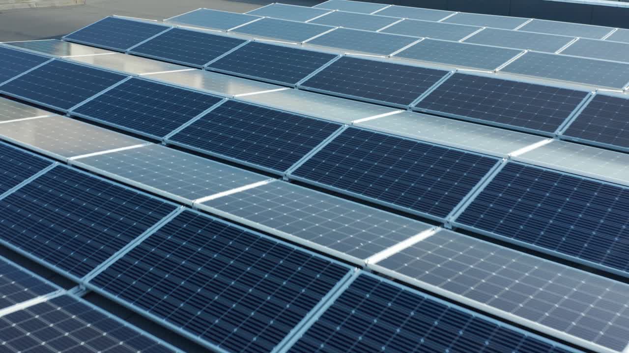 Aerial view of modern solar panel array, alternative electric energy system from sunlight