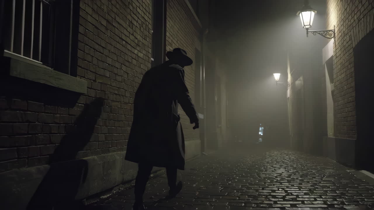 человек, идущий по туманному переулку ночью.