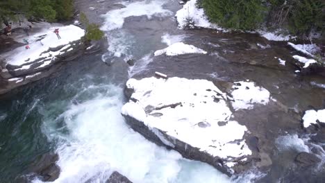 close aerial of the puntledge river, nymph falls in beautiful british columbia, canada