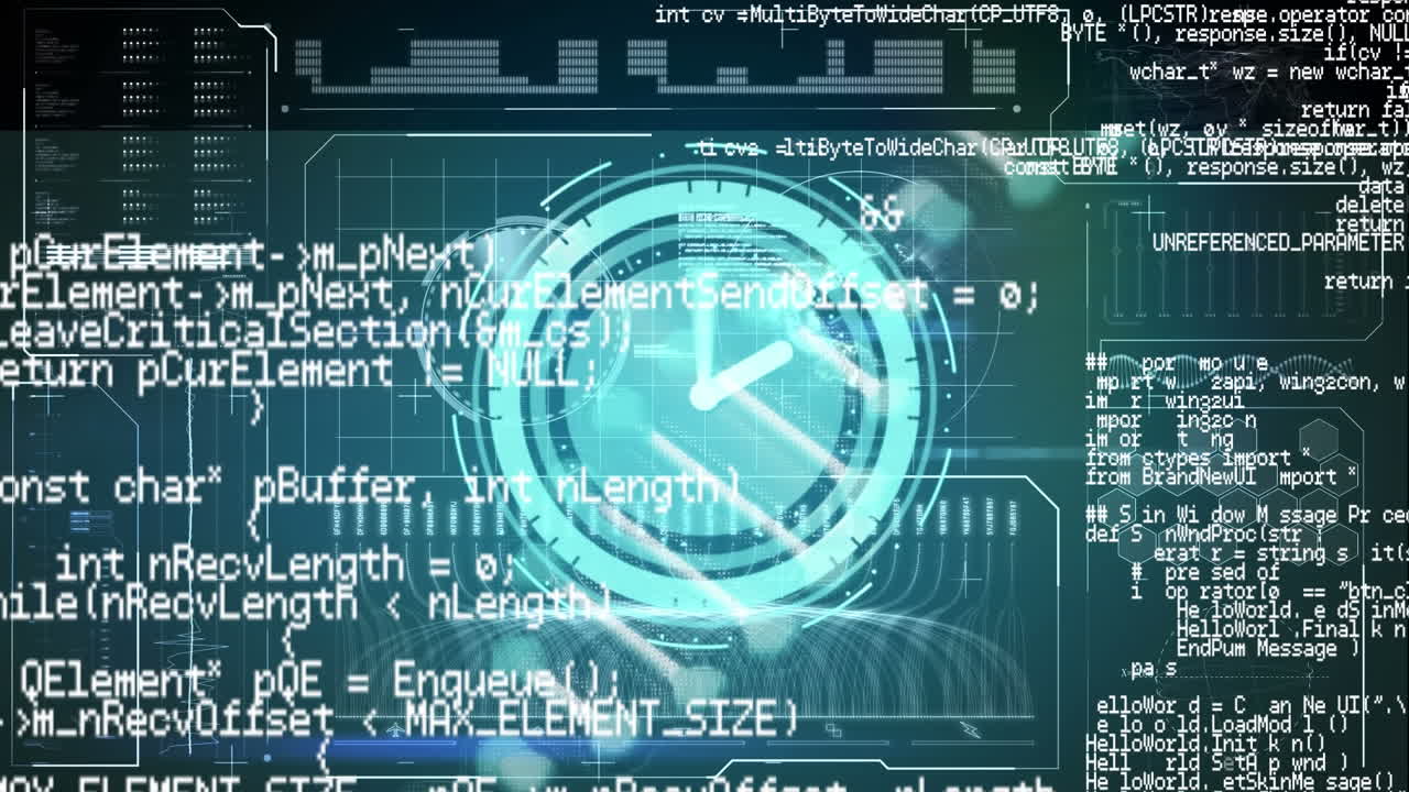 Animation of dna strand, clock and data processing over black background