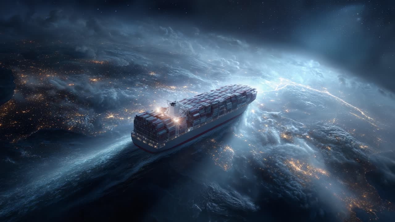 A Majestic Container Ship Navigating Through the Cosmic Waters, Illuminated by City Lights, Creating a Stunning Contrast Between Earthly Commerce and Cosmic Space