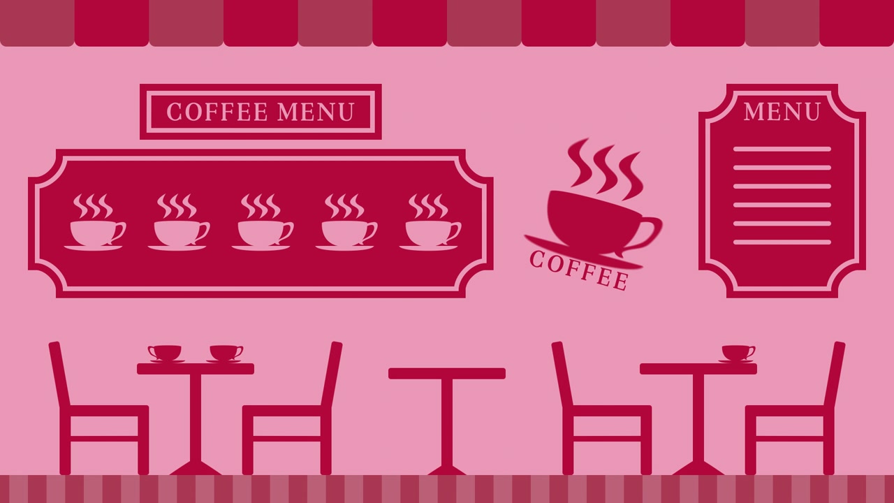 Kaffebarillustration med menu og velkomstskilt