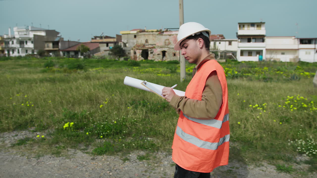 Building Engineer Writing Notes While Working Outdoor