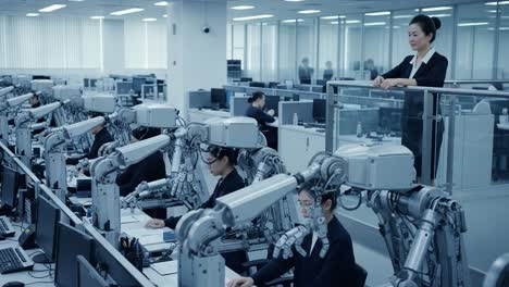 a futuristic workspace where human oversight meets robotic precision in a high-tech office environment, showcasing collaboration between humans and advanced automation