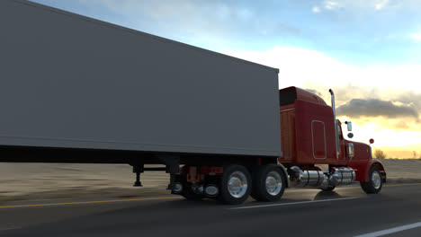 Animation-of-riding-the-18-wheel-delivery-red-truck-with-trailer.-The-heavy-monster-of-every-pathway.-High-distances-beautiful-cargo-transporter.-Inspiring-cloudless-blue-sky-background.-HD