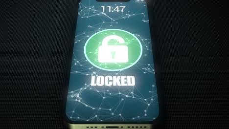 high quality animated 3d cgi render with tilting camera move - close up of mobile phone being unlocked and hacked, with digital and binary code flowing out and a skull and crossbones motif