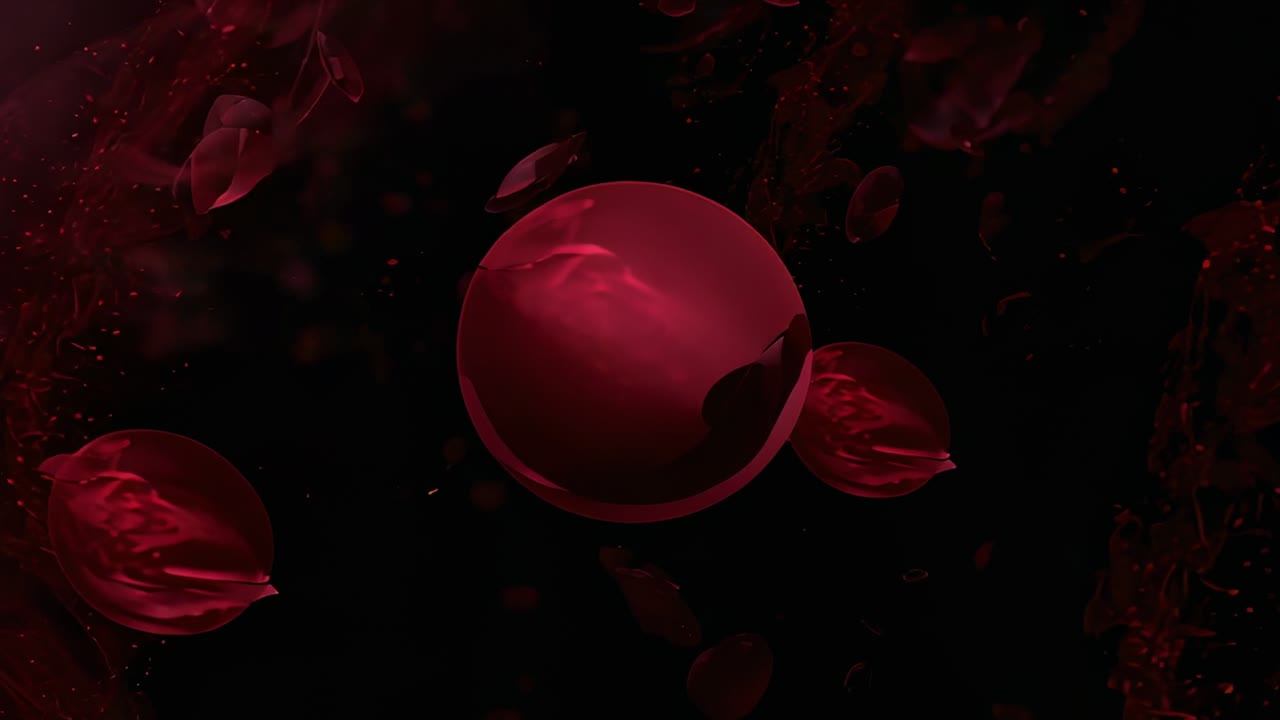 Moving glossy red sphere responding to top-left glow, approaching camera in dark void with petals