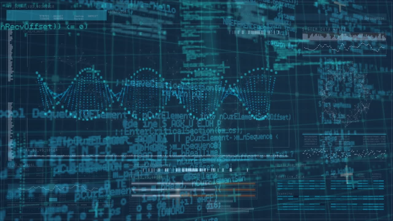 dna 가닥 회전, 회로판 및 그리드 상의 데이터 처리 애니메이션