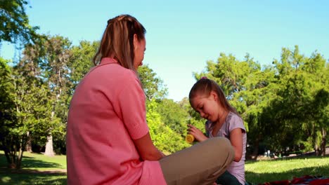 little girl blowing bubbles at her mother in the park