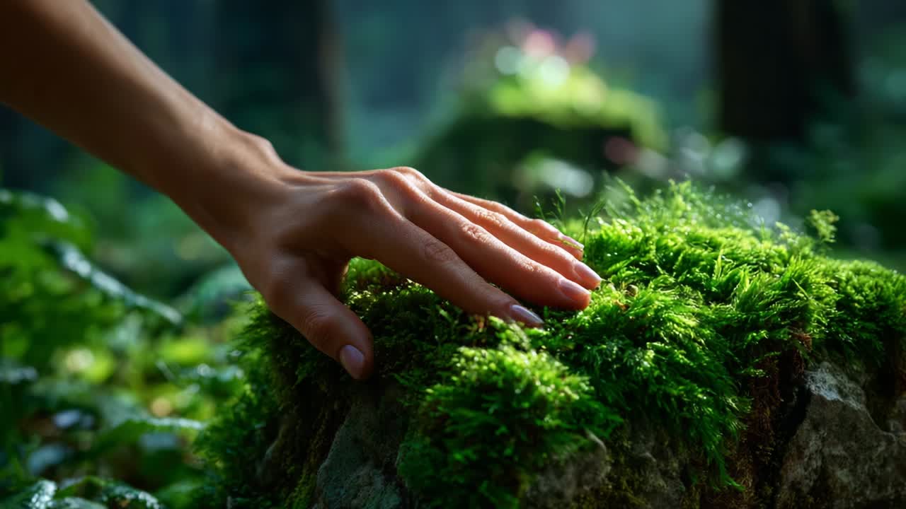 A Serene Connection with Nature: A Close-Up View of a Hand Gently Touching Lush Green Moss on a Forest Rock, Highlighting the Beauty of the Natural World and the Tranquility of the Environment