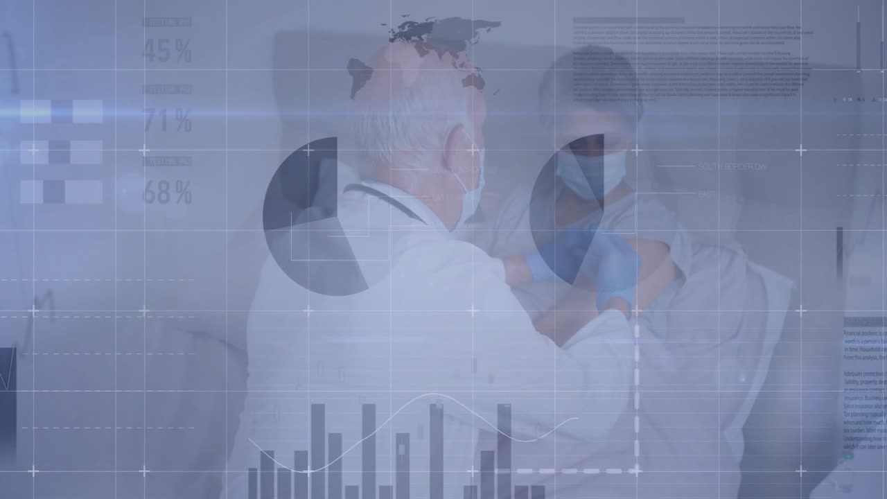 Senior male doctor administering vaccine into patient arm in clinic, showing pie charts, bar graphs