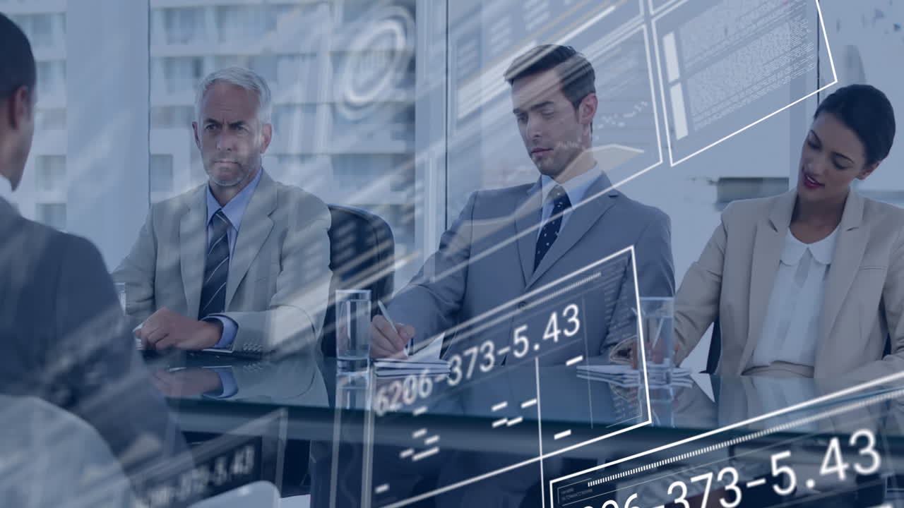 Animation of graphs, changing numbers, loading bars, circles, diverse coworkers conducting interview