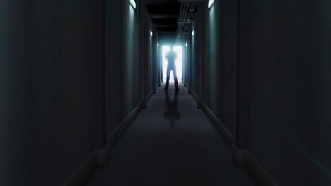 animation of man silhouette standing in dark corridor