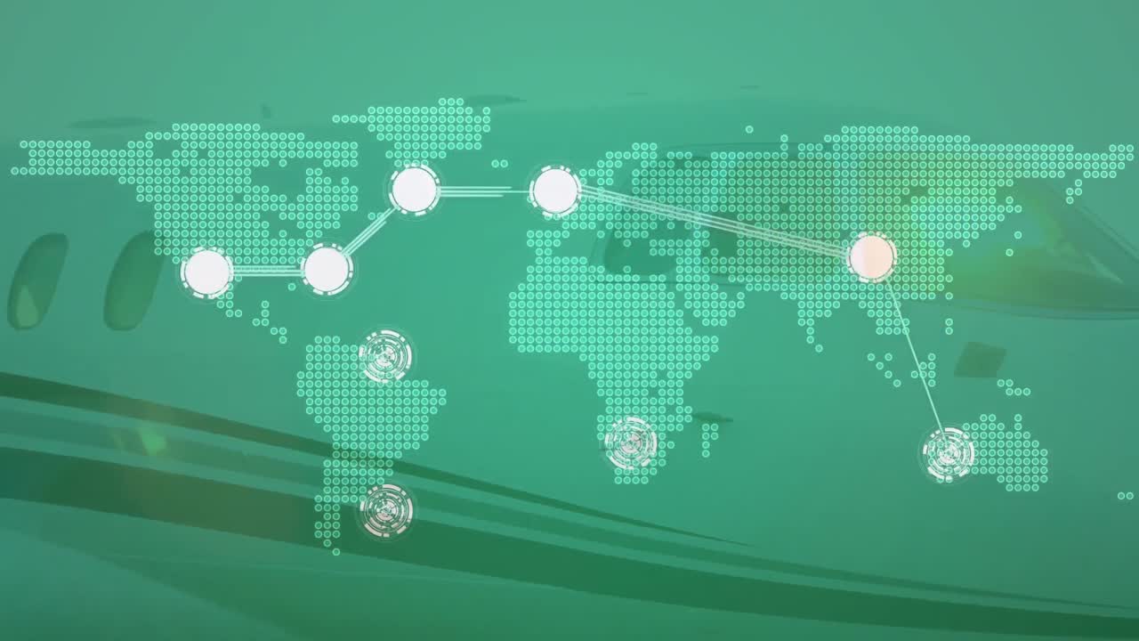 공항 활주로에 있는 개인 제트기에 대한 세계 지도 위의 점을 연결하는 것