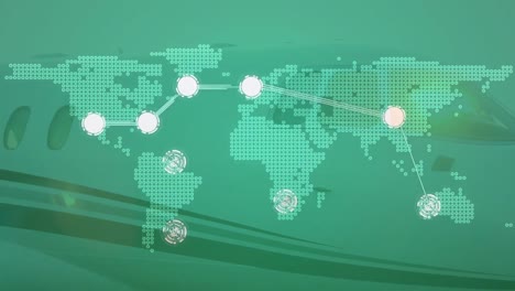 conectando puntos sobre el mapa del mundo contra un avión privado en la pista del aeropuerto