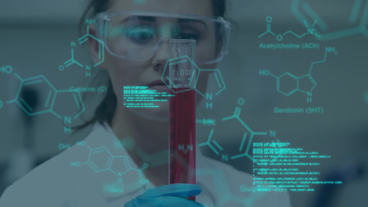 animación del procesamiento de datos sobre una científica caucásica