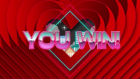 animation of you win text in metallic pink over neon diamonds and hearts