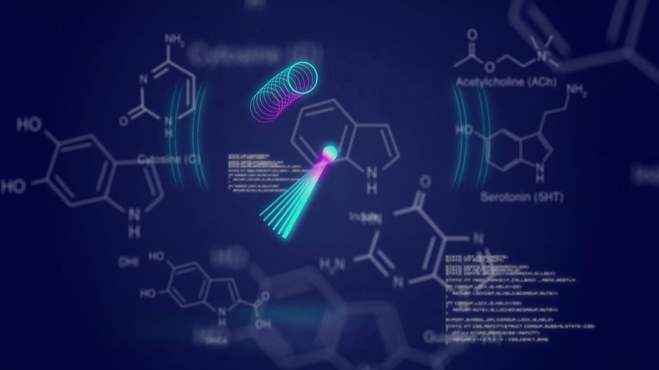 Animation of neon circles over data and chemical formulas on digital screen