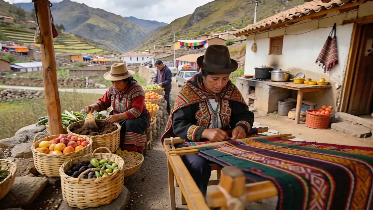 Shot pulling back showing Andean weaver hat working backstrap loom as peer sorting produce for sale