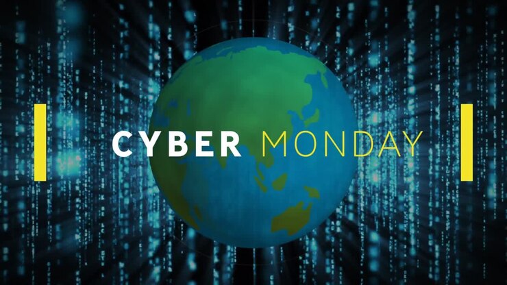 Animation of cyber monday sale text over globe and data processing