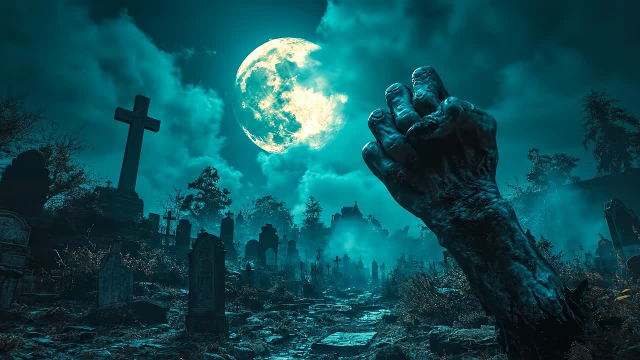 Cimitero illuminato dalla luna, mano che si protende. Una mano si protende dal terreno in un cimitero di notte mentre una luna piena splende luminosa sopra le lapidi.