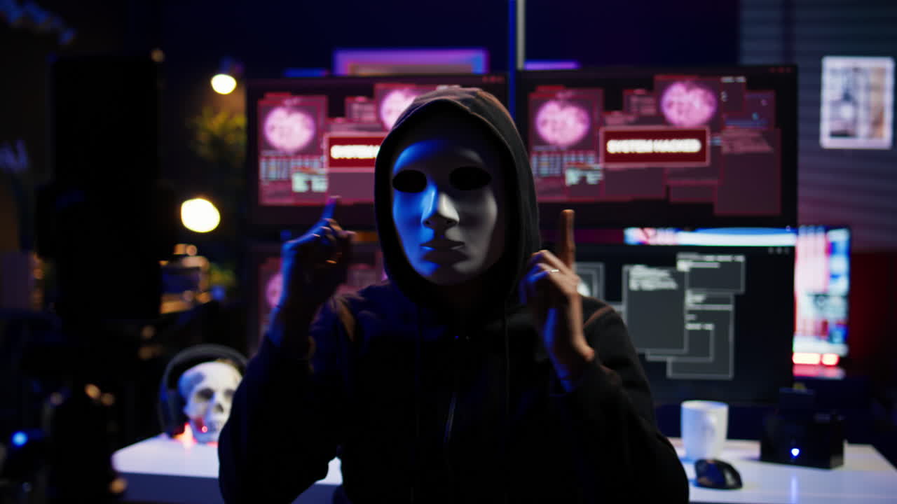 un primer plano de un teléfono inteligente utilizado por un ciberdelincuente con una máscara para grabar el chantaje