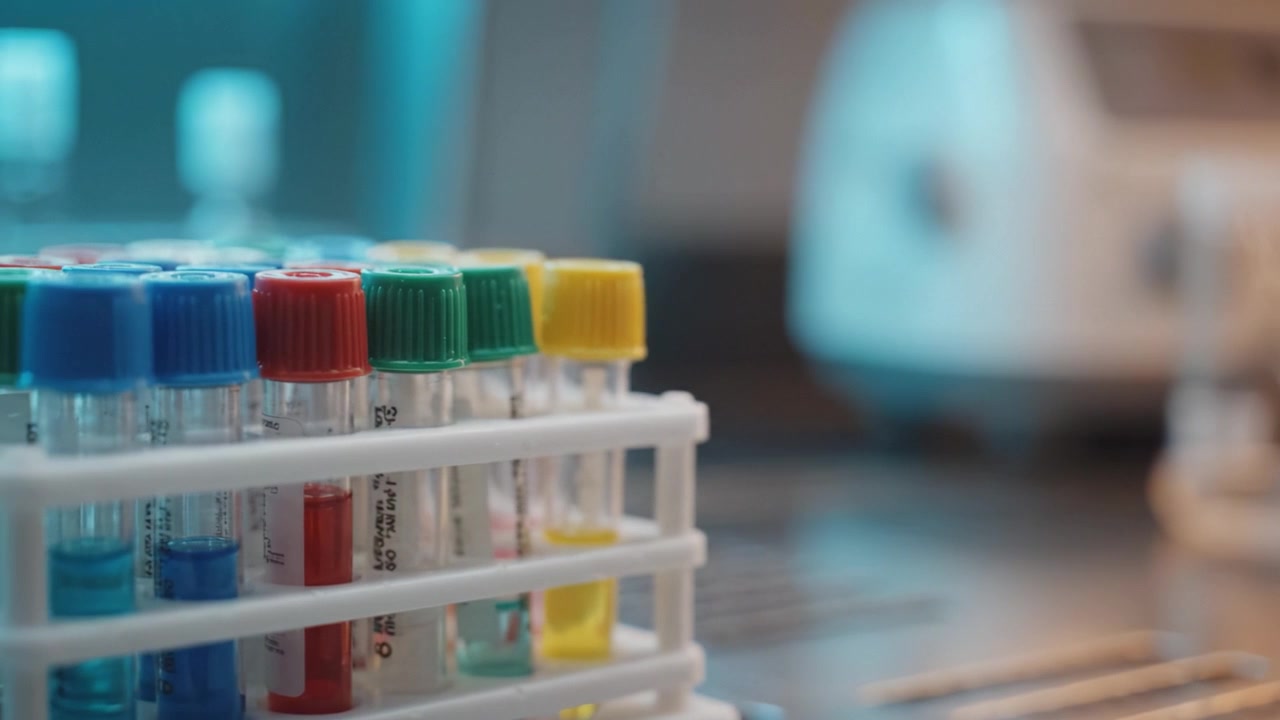 Laboratory Scene Featuring Colorful Test Tubes in Rack with Scientific Equipment in the Background Capturing the Essence of Research and Discovery