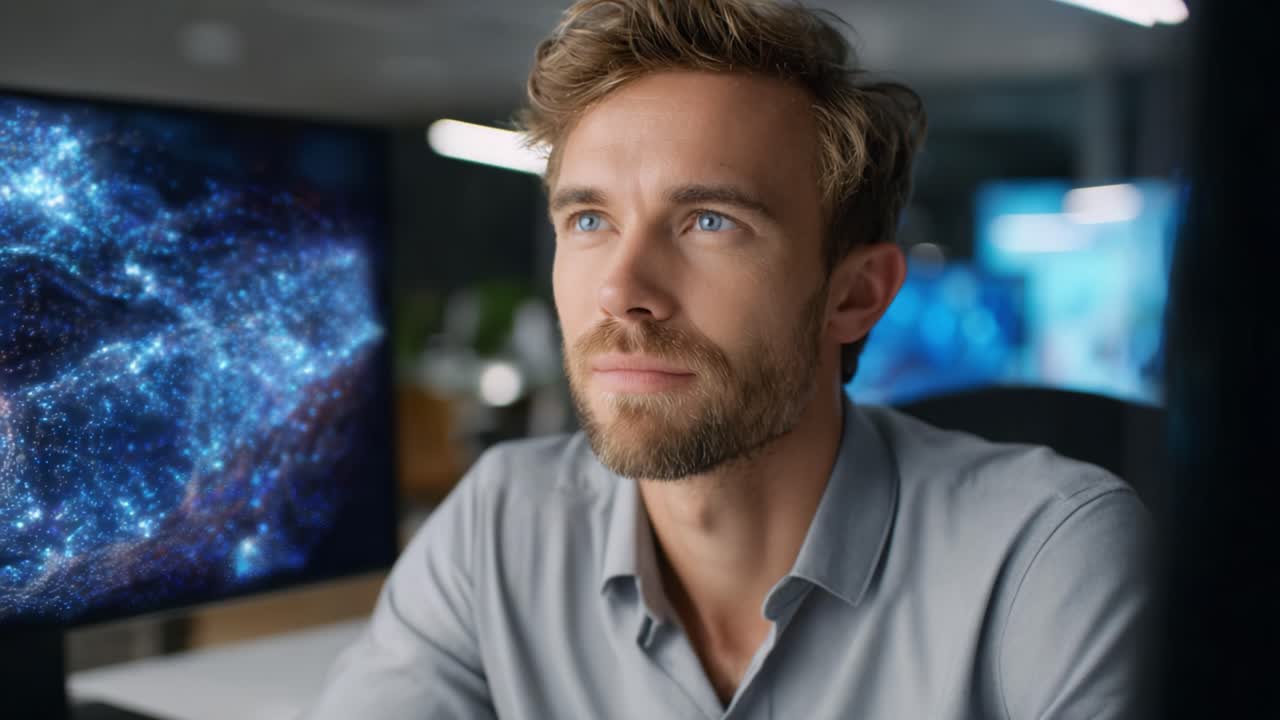 Contemplative Focus: A Young Professional Analyzes Data with a Structured Mindset Amidst a Futuristic Digital Environment in a Modern Office Setting