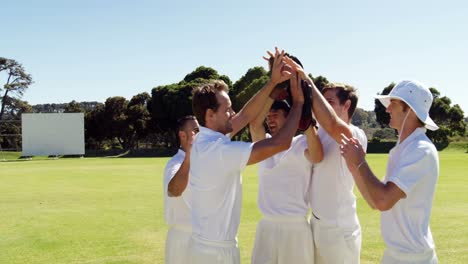 cricket players giving high five during cricket match