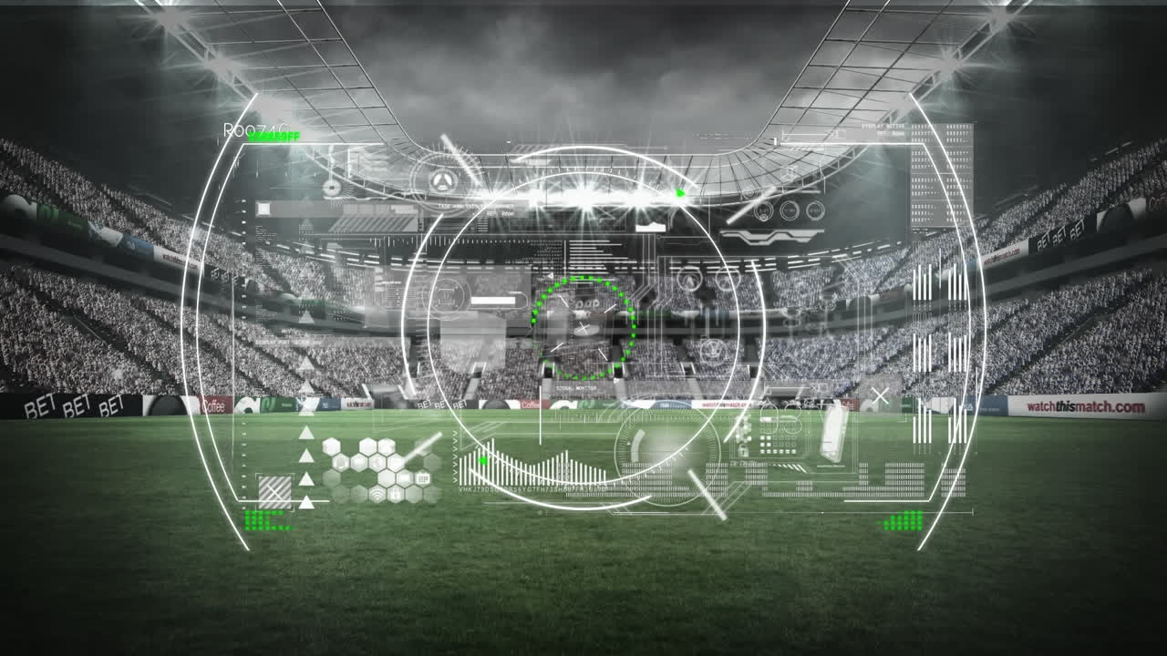 анимация обработки данных над спортивным стадионом