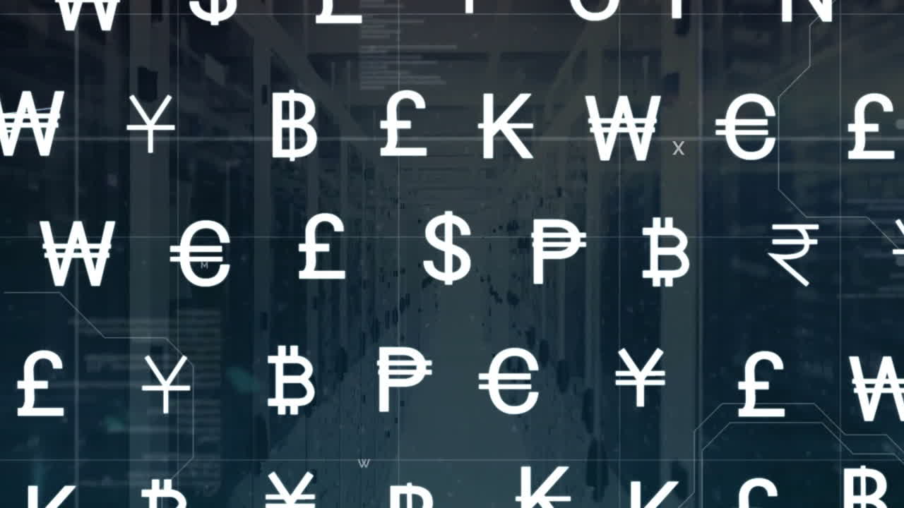 Animation of currency symbols and data processing over computer servers